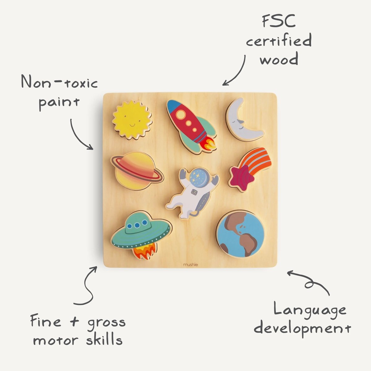 Mushie Wooden Space Puzzle for Kids with Eight Colorful Pieces and Smooth Edges - Everetts Place Boutique - 