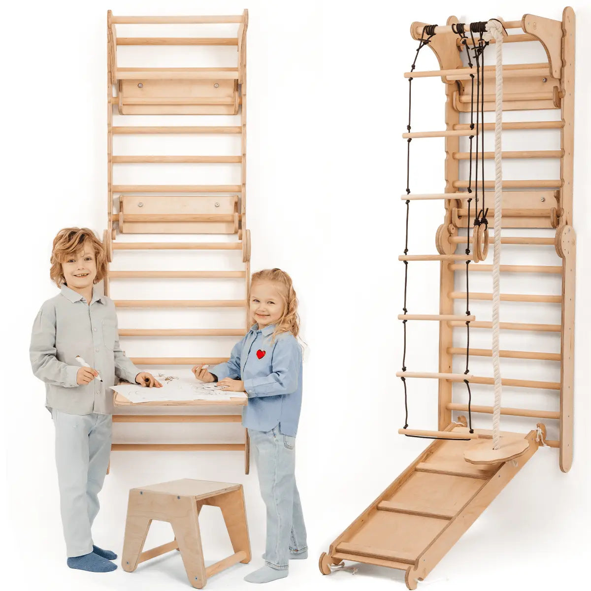 Goodevas Wooden Swedish Wall / Climbing ladder for Children + Swing Set + Slide Board + Art Add - on - 