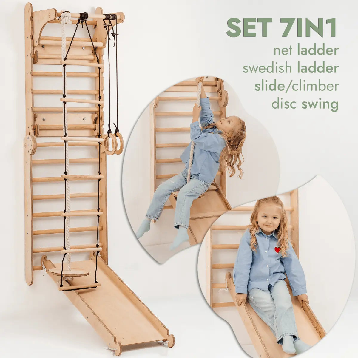 Goodevas Wooden Swedish Wall / Climbing ladder for Children + Swing Set + Slide Board + Art Add - on - 
