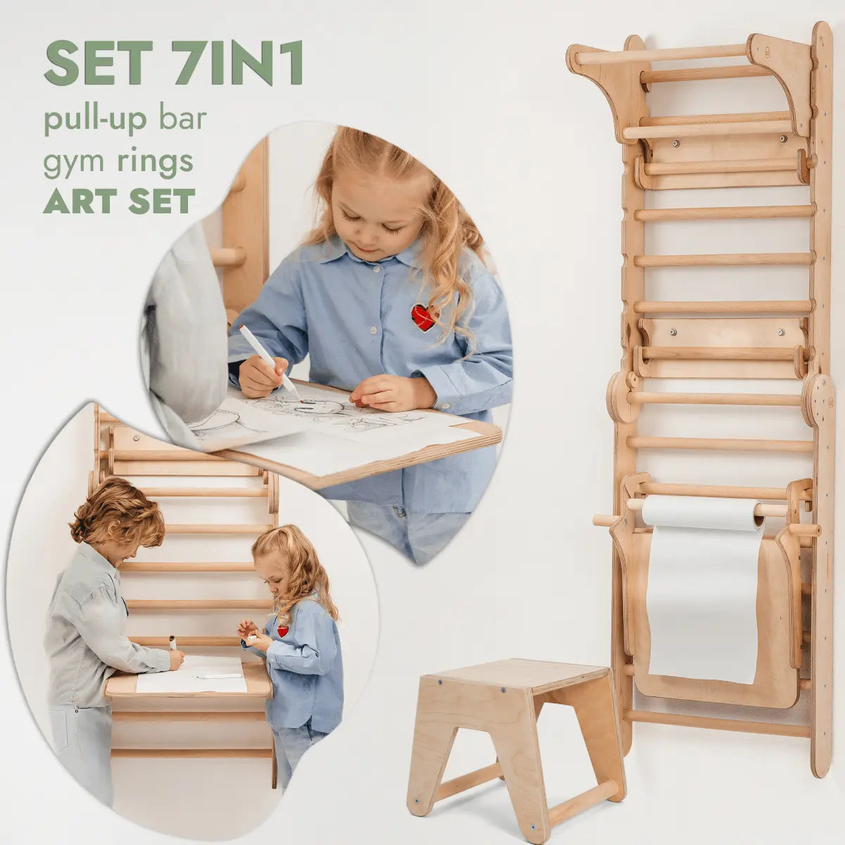 Goodevas Wooden Swedish Wall / Climbing ladder for Children + Swing Set + Slide Board + Art Add - on - 