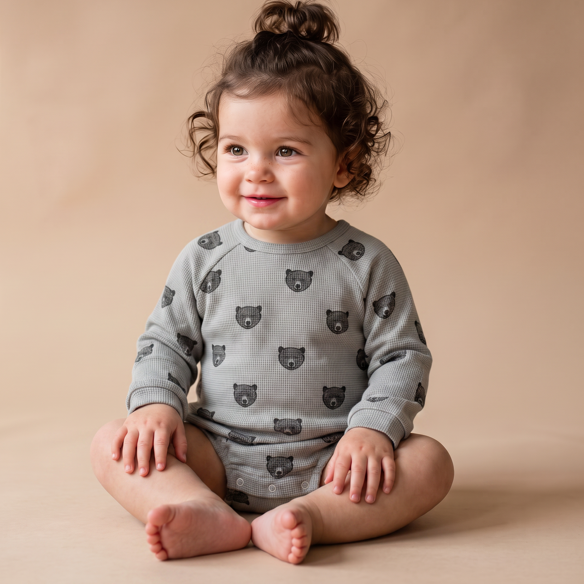 Organic Long Sleeve Bubble Romper - Woodland Bear by Makemake Organics