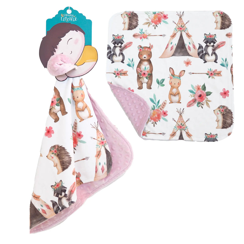 Mini Minky Woodland Tribe toddler blanket with animal and teepee design, made of soft premium Minky fabric, ideal for sensory stimulation.