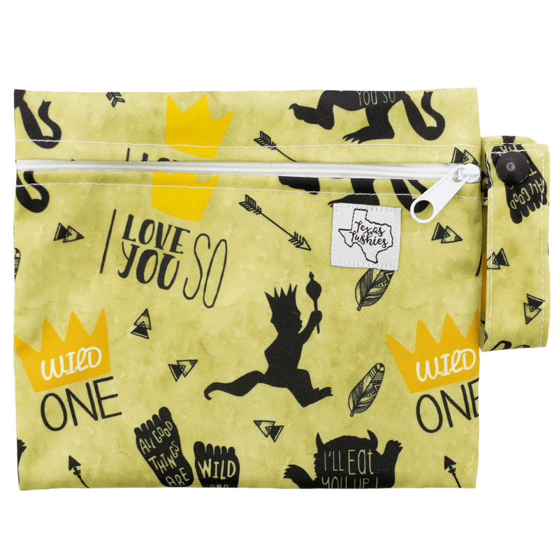 Mini wet bag with playful design, 6x7 inches, perfect for snacks, pacifiers, or makeup.