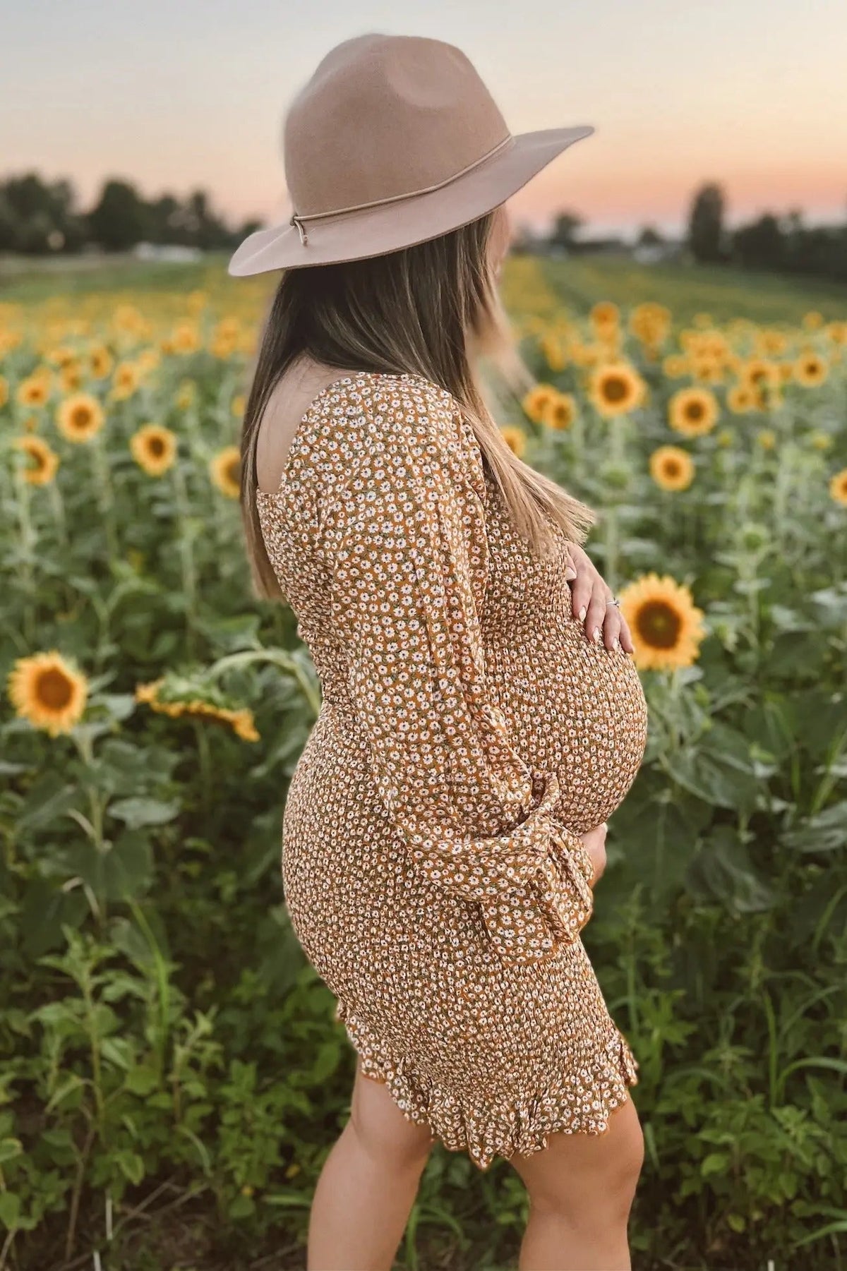 PinkBlush Yellow Ditsy Floral Smocked Long Sleeve Maternity Mini Dress - 