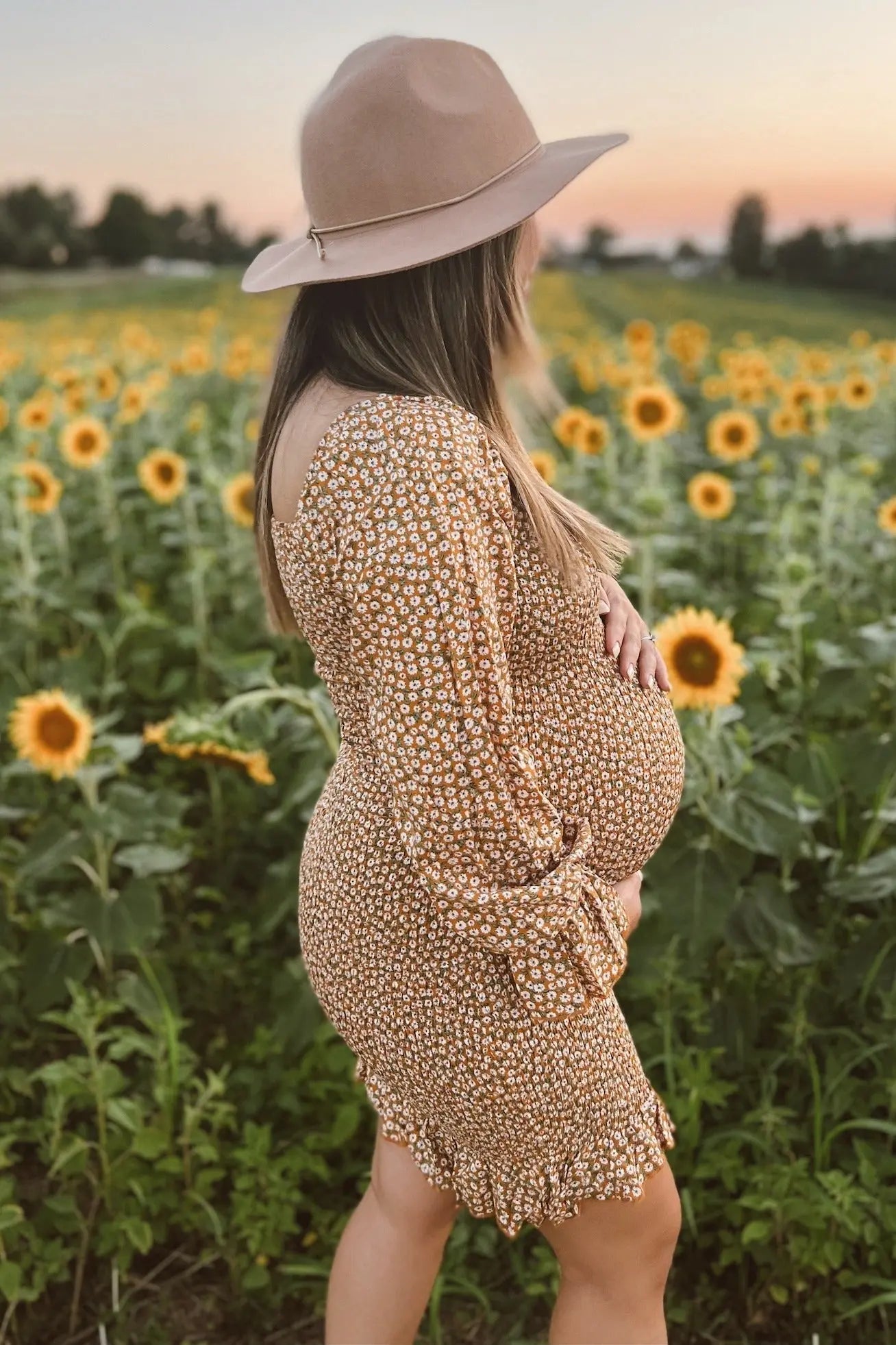 PinkBlush Yellow Ditsy Floral Smocked Long Sleeve Maternity Mini Dress - 