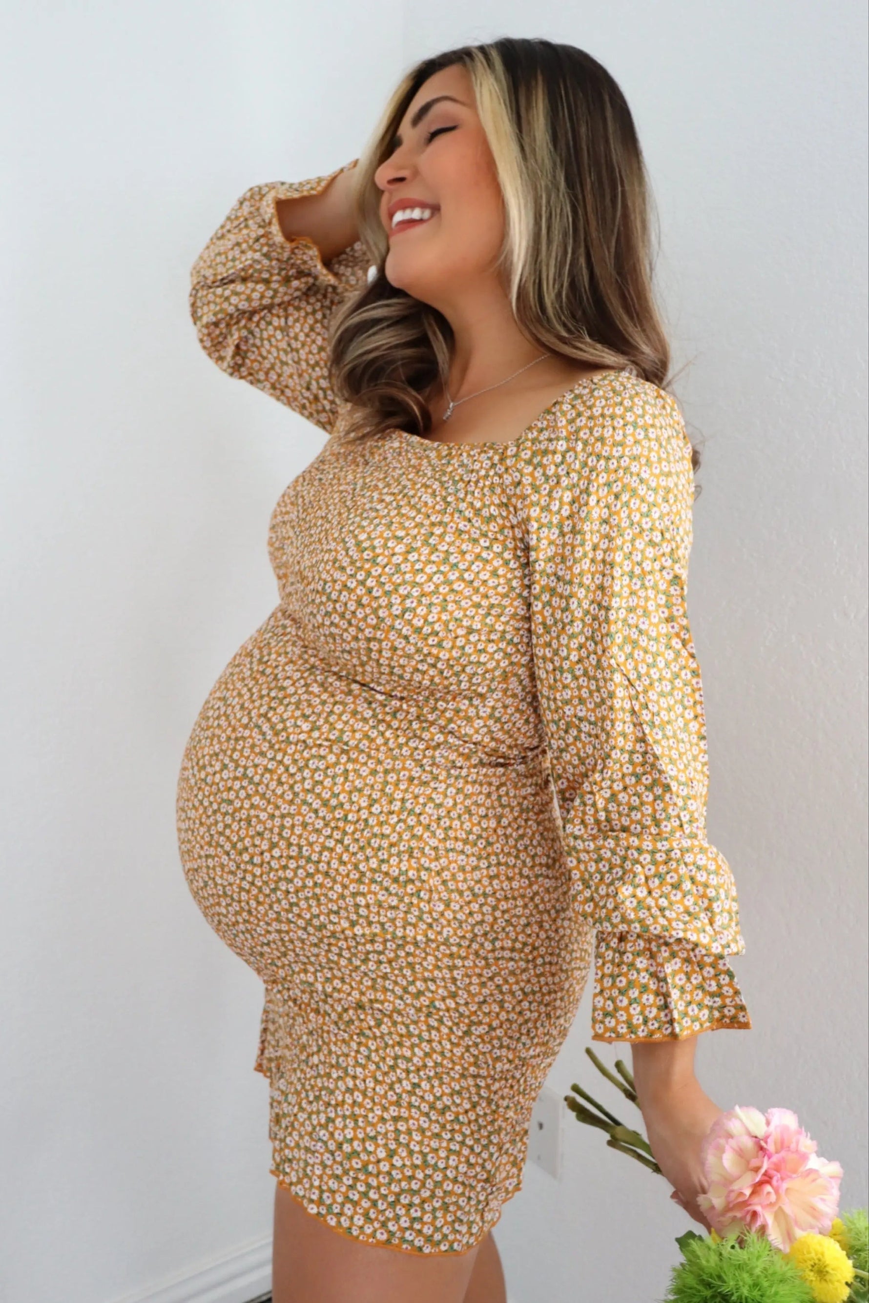 PinkBlush Yellow Ditsy Floral Smocked Long Sleeve Maternity Mini Dress - 