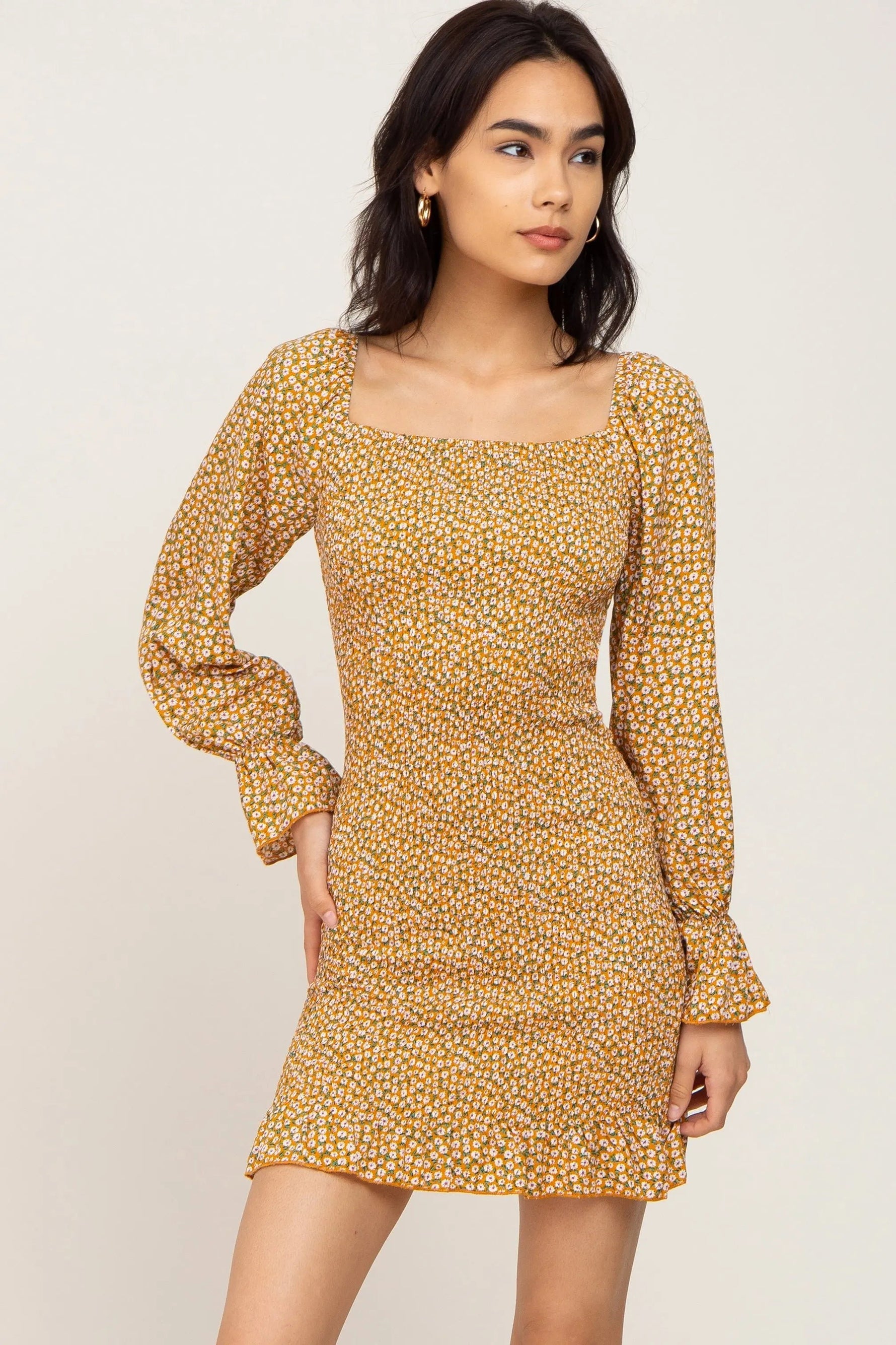 PinkBlush Yellow Ditsy Floral Smocked Long Sleeve Maternity Mini Dress - 