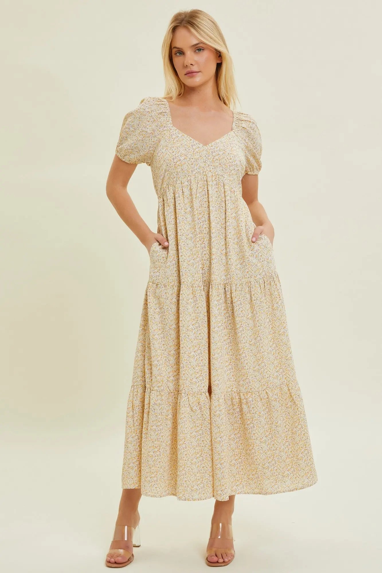 PinkBlush Yellow Ditsy Floral Tiered Maternity Midi Dress - 