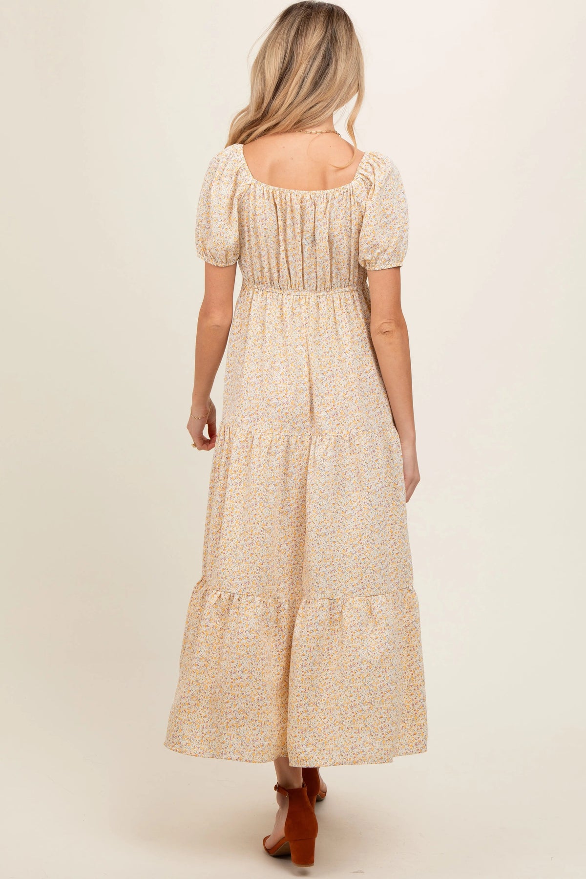 PinkBlush Yellow Ditsy Floral Tiered Maternity Midi Dress - 