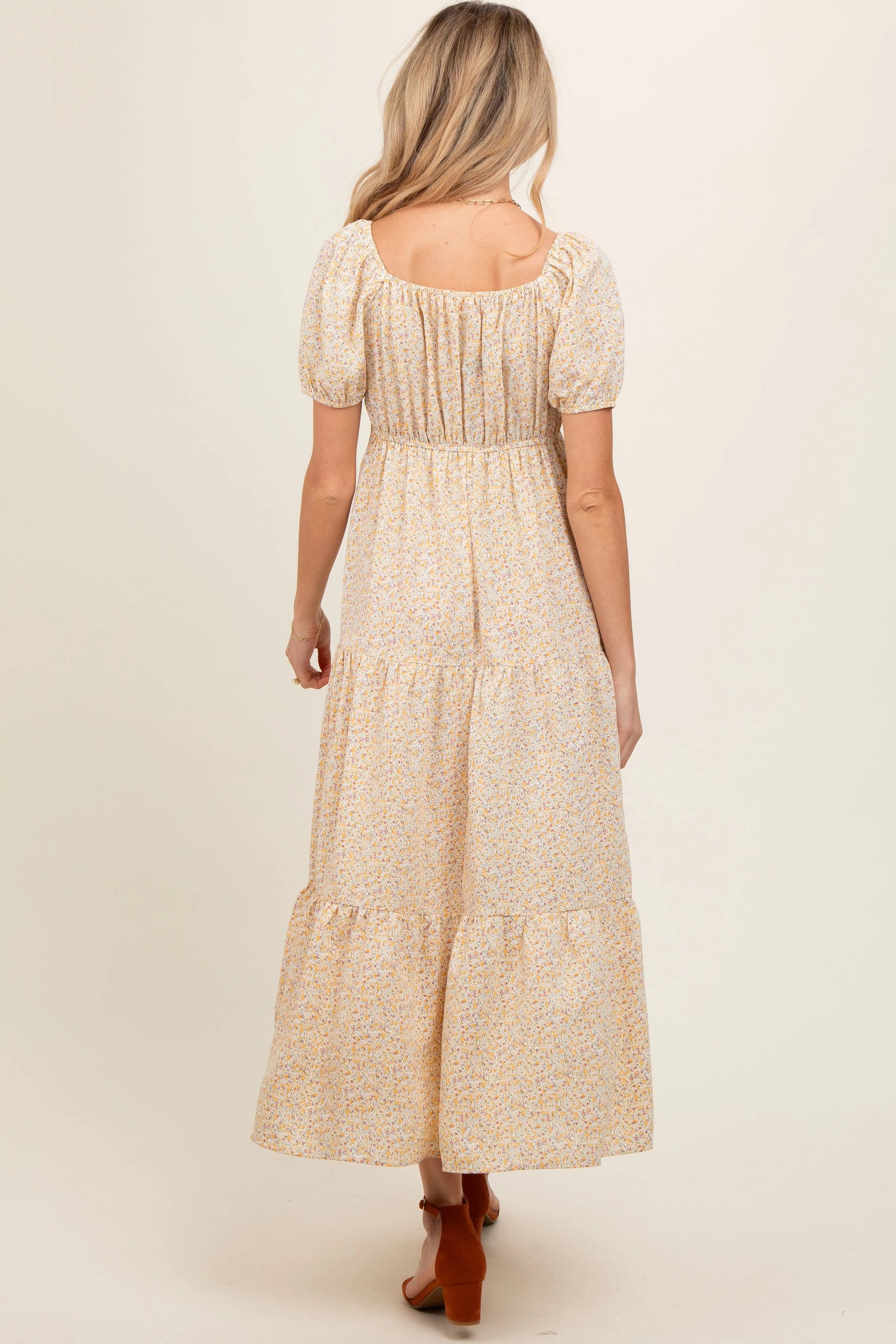 PinkBlush Yellow Ditsy Floral Tiered Maternity Midi Dress - 