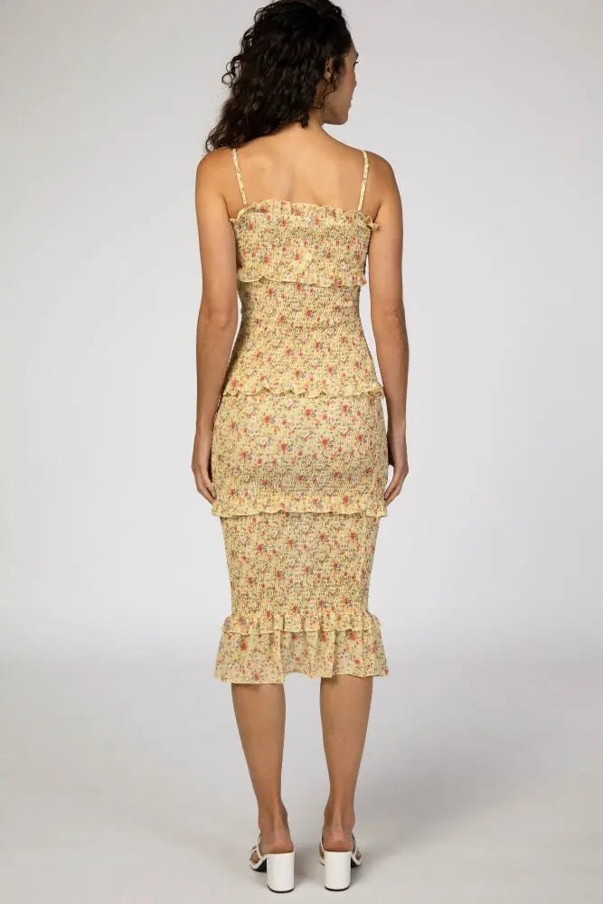 PinkBlush Yellow Floral Chiffon Smocked Fitted Midi Dress - 