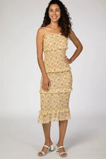 PinkBlush Yellow Floral Chiffon Smocked Fitted Midi Dress - 