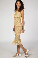 PinkBlush Yellow Floral Chiffon Smocked Fitted Midi Dress - 
