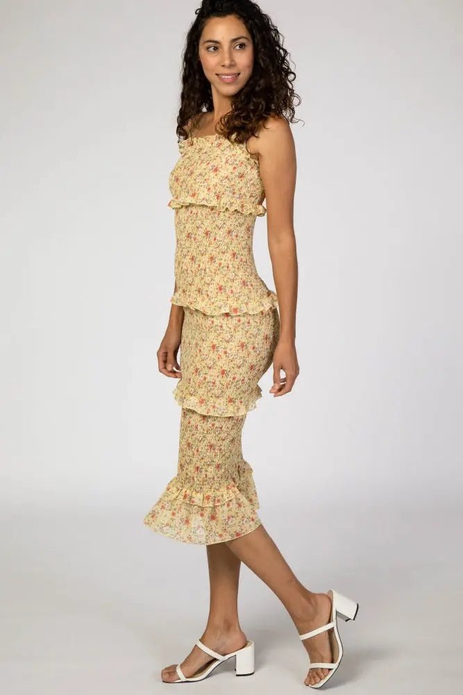 PinkBlush Yellow Floral Chiffon Smocked Fitted Midi Dress - 