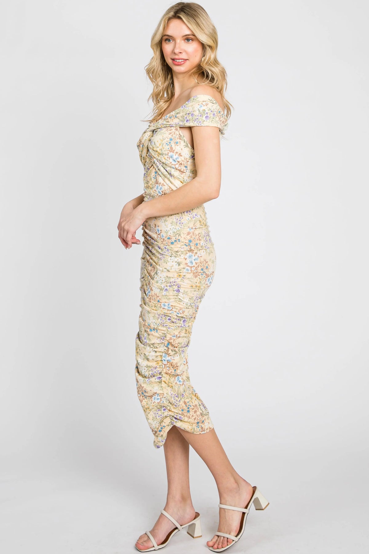 PinkBlush Yellow Floral Ribbed Ruched Off Shoulder Mid Dress - 