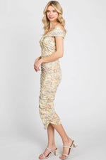 PinkBlush Yellow Floral Ribbed Ruched Off Shoulder Mid Dress - 