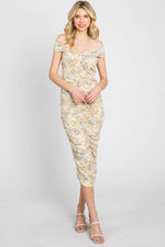 PinkBlush Yellow Floral Ribbed Ruched Off Shoulder Mid Dress - 