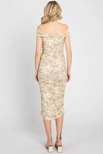 PinkBlush Yellow Floral Ribbed Ruched Off Shoulder Mid Dress - 