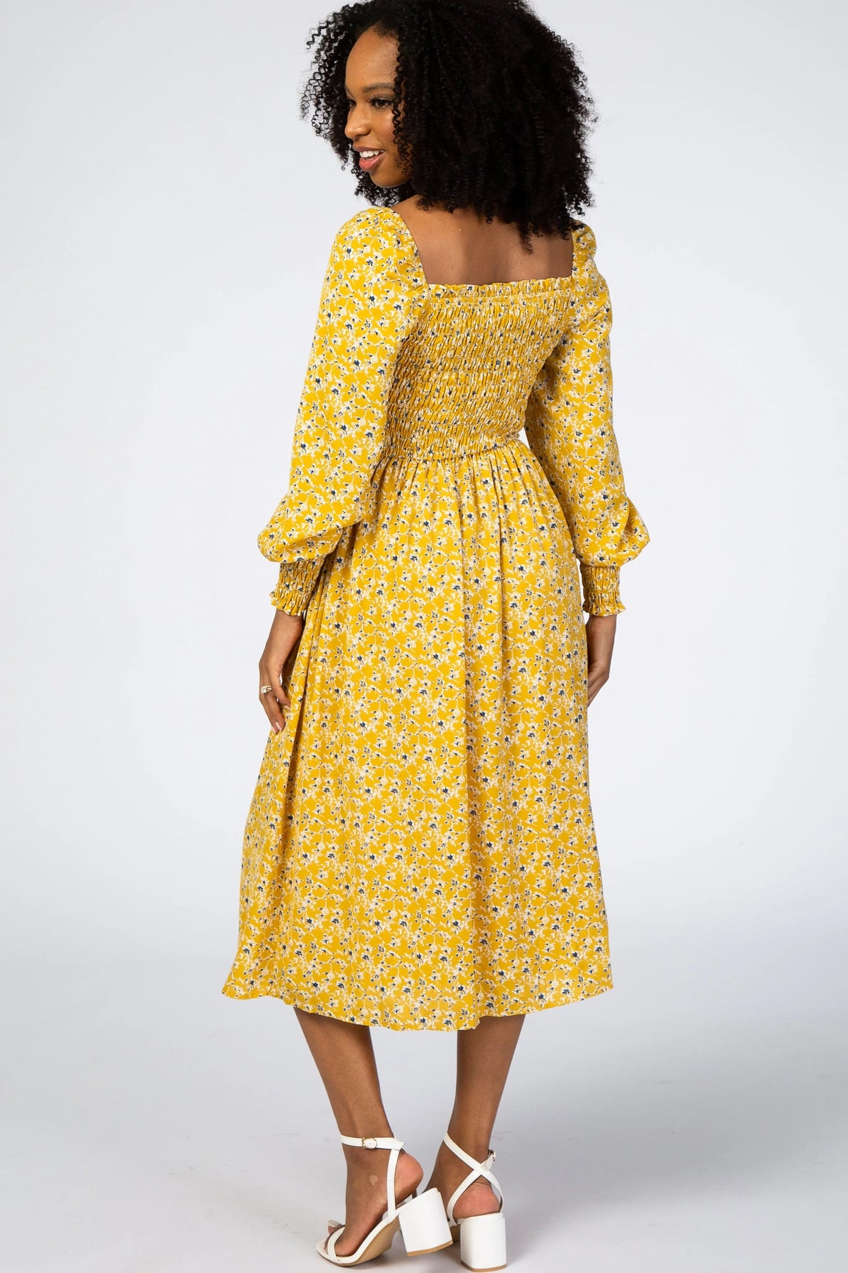 PinkBlush Yellow Floral Smocked Bubble Sleeve Midi Dress - 