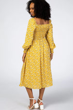 PinkBlush Yellow Floral Smocked Bubble Sleeve Midi Dress - 