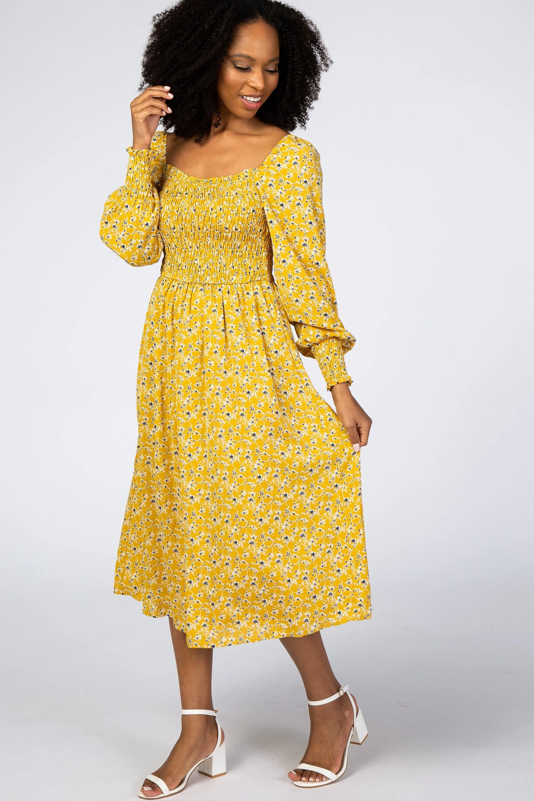 PinkBlush Yellow Floral Smocked Bubble Sleeve Midi Dress - 