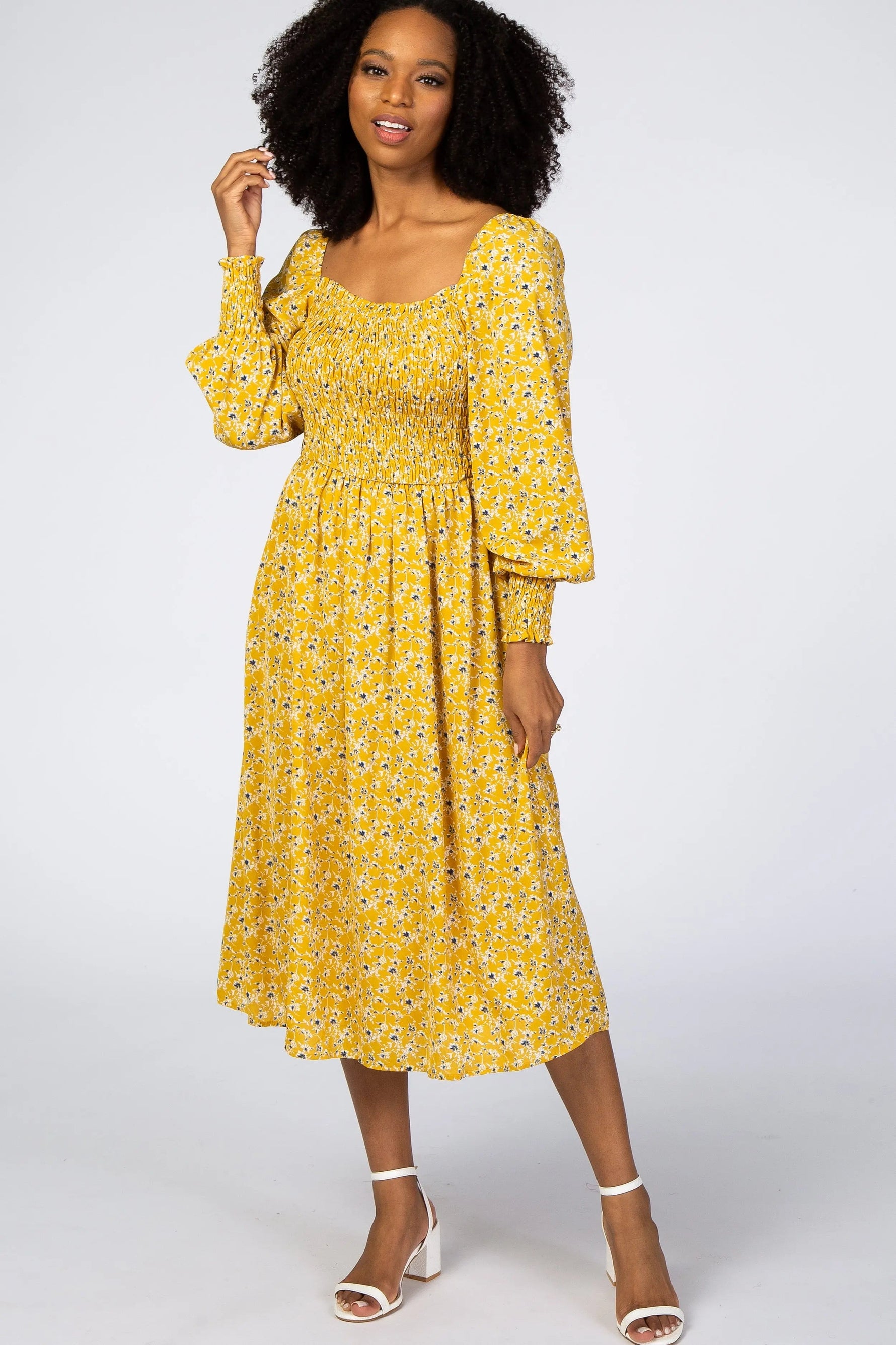 PinkBlush Yellow Floral Smocked Bubble Sleeve Midi Dress - 