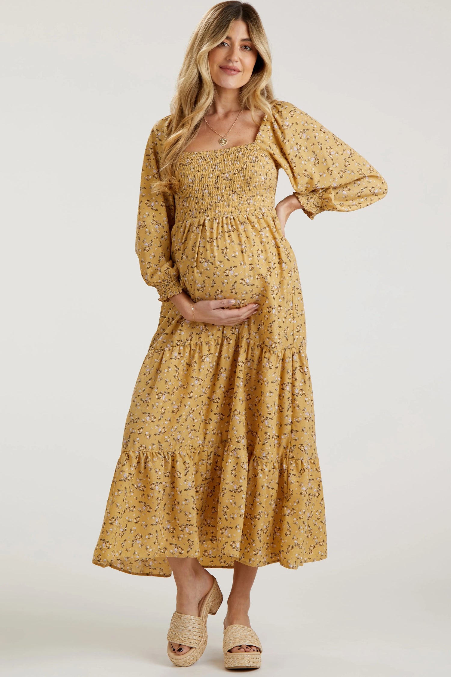 PinkBlush Yellow Floral Smocked Long Sleeve Maternity Maxi Dress - 