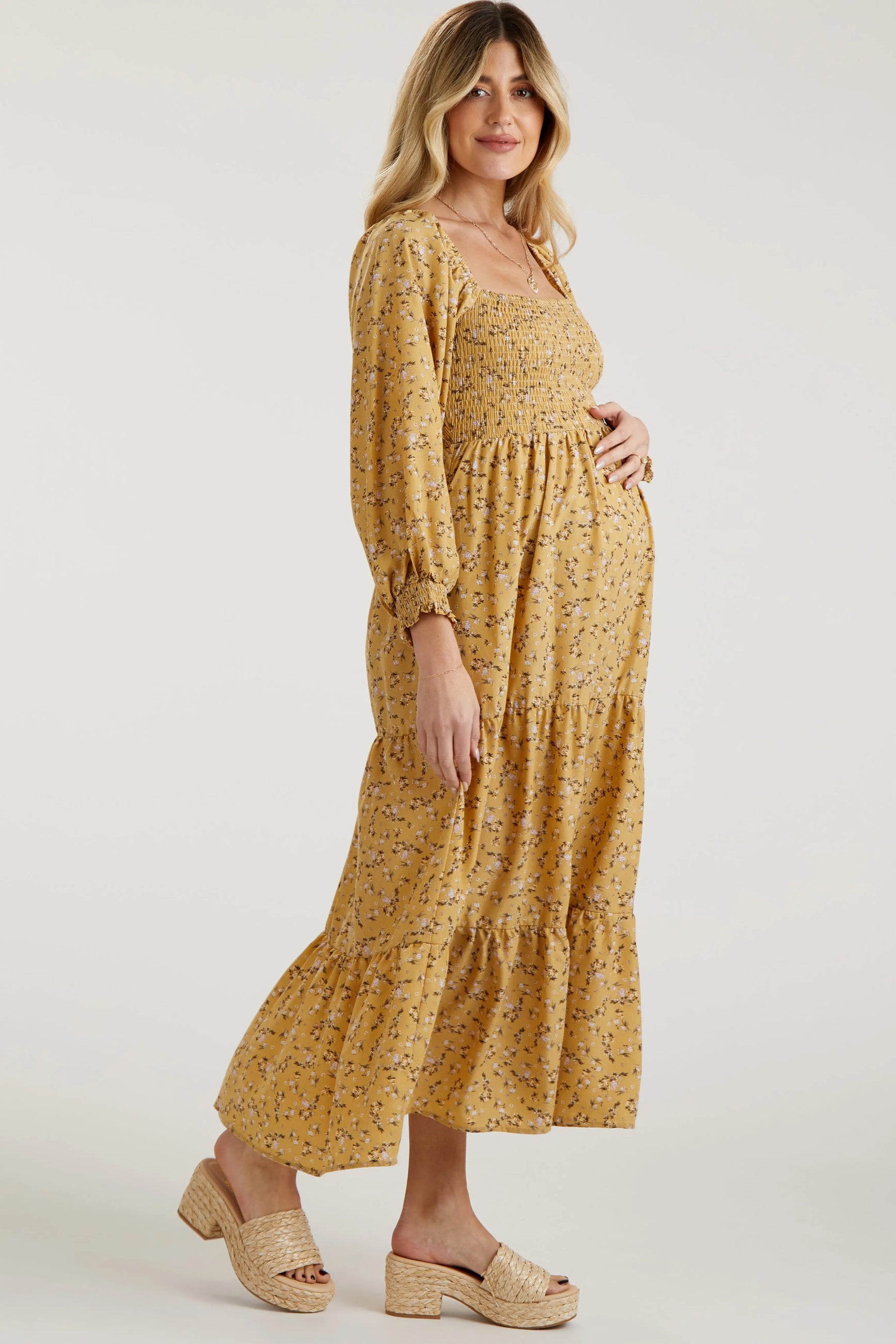 PinkBlush Yellow Floral Smocked Long Sleeve Maternity Maxi Dress - 