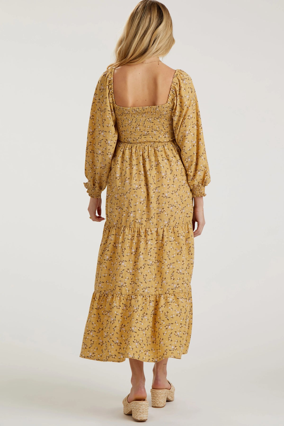 PinkBlush Yellow Floral Smocked Long Sleeve Maternity Maxi Dress - 