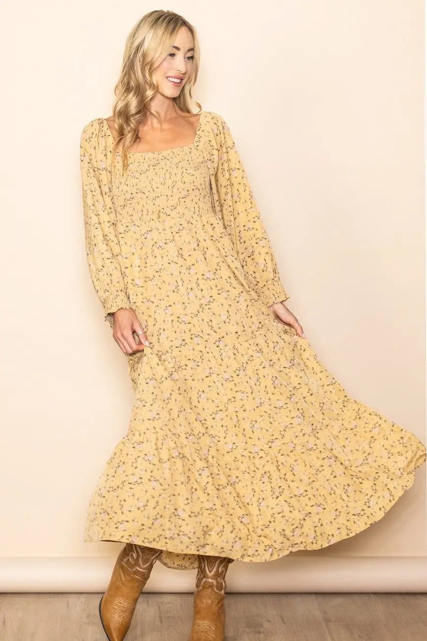 Yellow Floral Smocked Long Sleeve Maxi Dress - Dress, Person, Boot, Shoe, High heels | Everetts Place