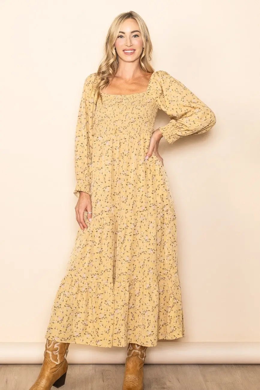 PinkBlush Yellow Floral Smocked Long Sleeve Maxi Dress - 