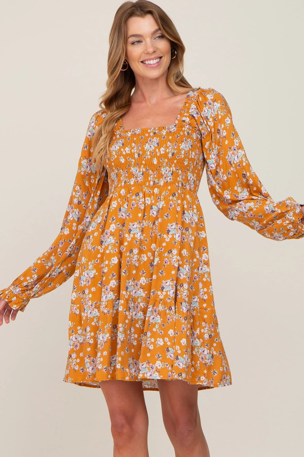 PinkBlush Yellow Floral Smocked Tie Back Dress - 