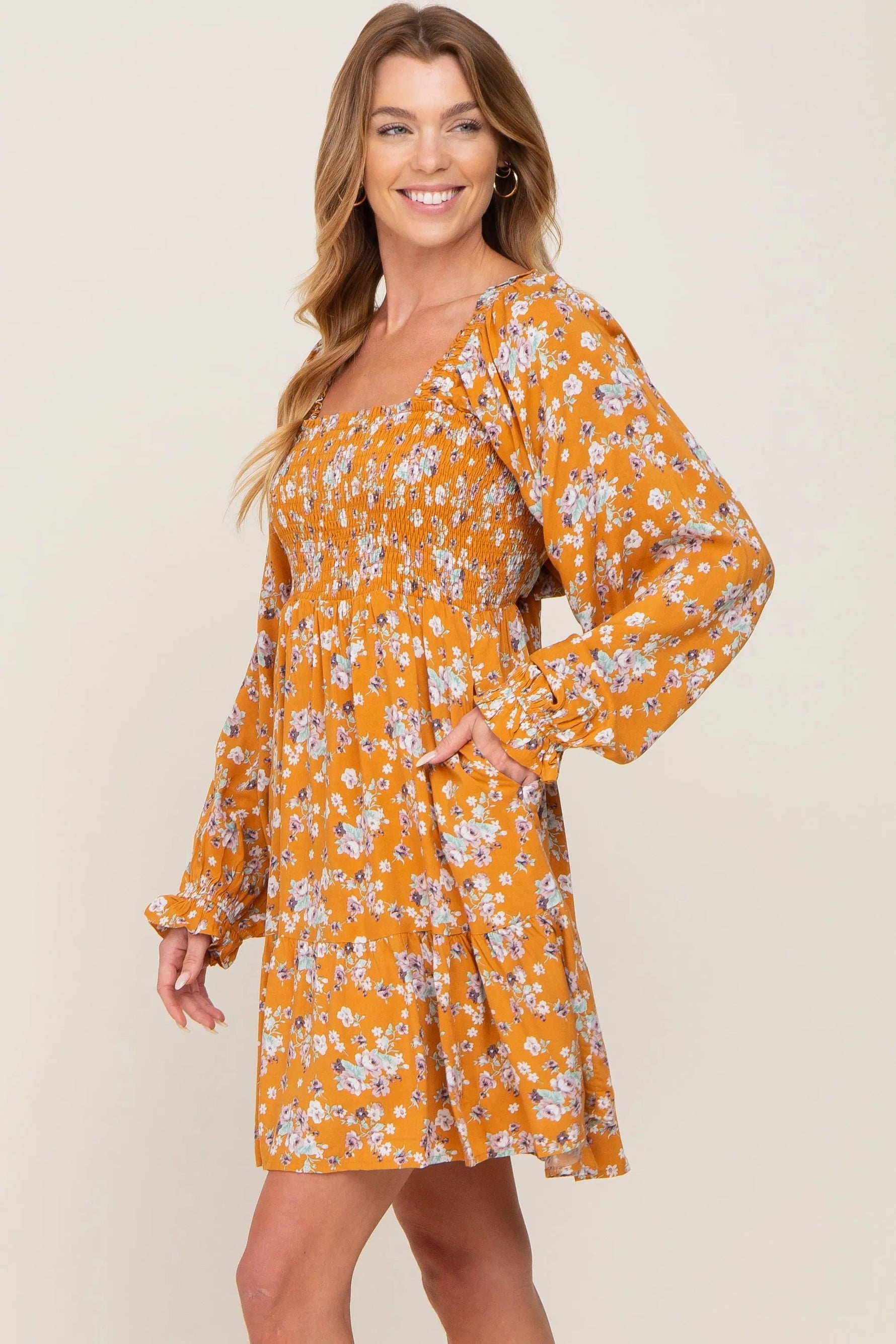 PinkBlush Yellow Floral Smocked Tie Back Dress - 