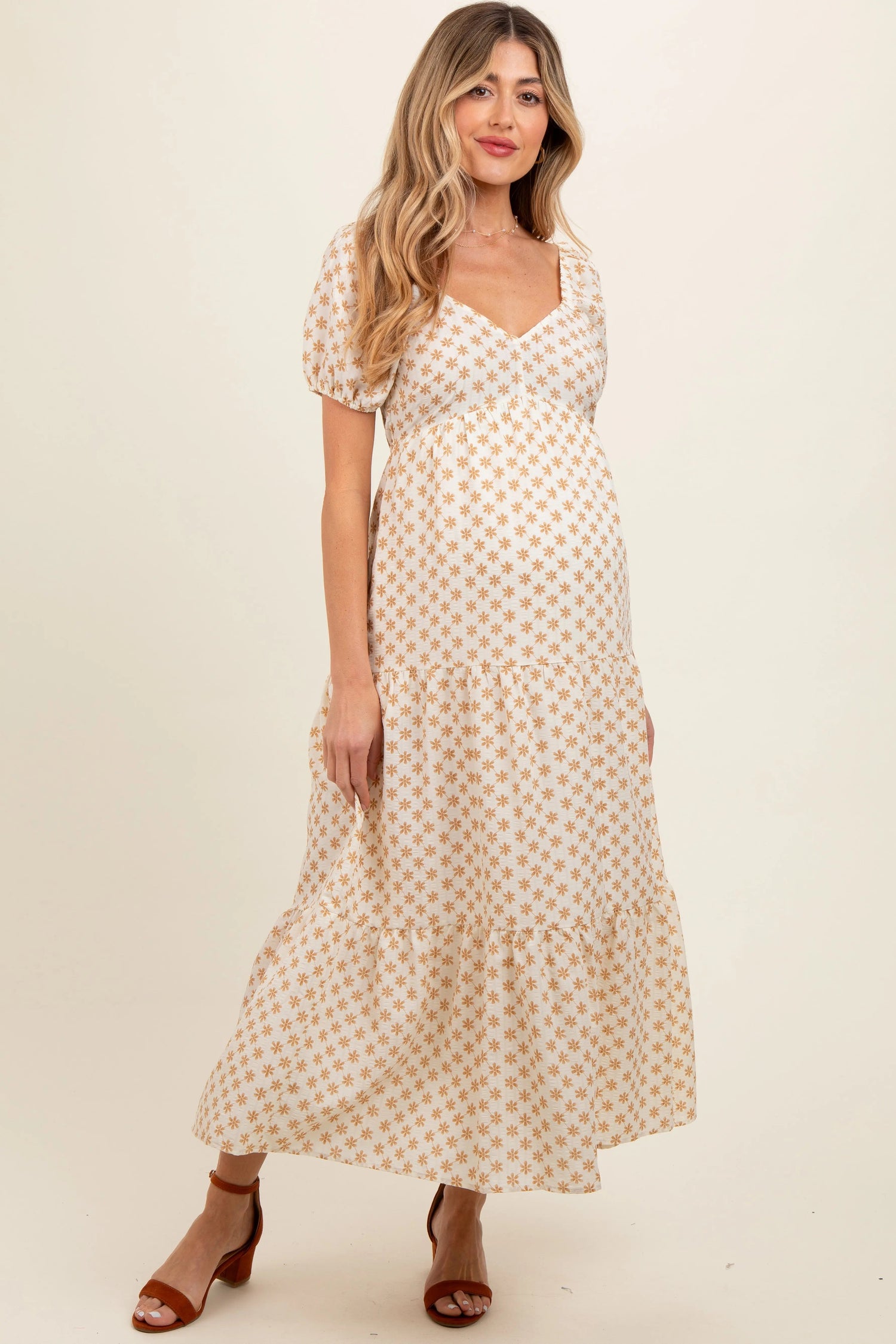 PinkBlush Yellow Floral Tiered Maternity Maxi Dress - 