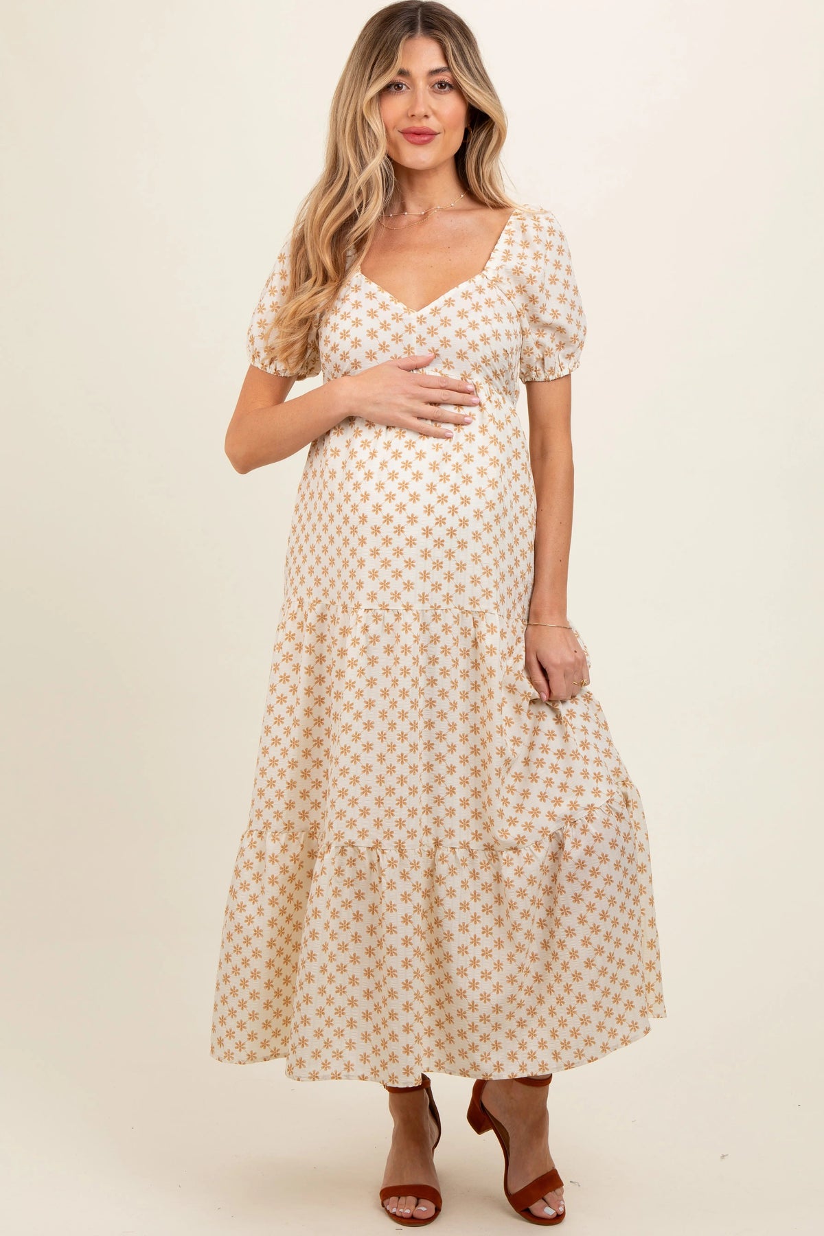 Yellow Floral Tiered Maternity Maxi Dress - Day Dress, One-piece garment, Dress, Fashion Model, Cocktail dress | Everetts Place