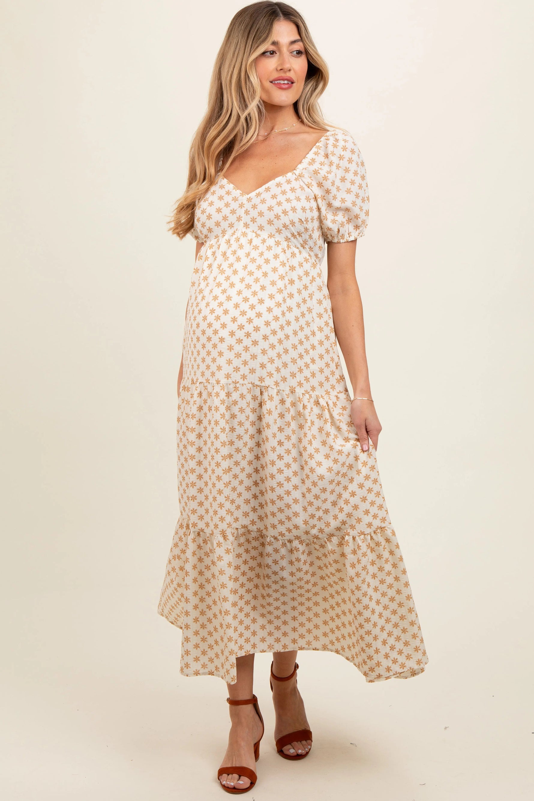 PinkBlush Yellow Floral Tiered Maternity Maxi Dress - 