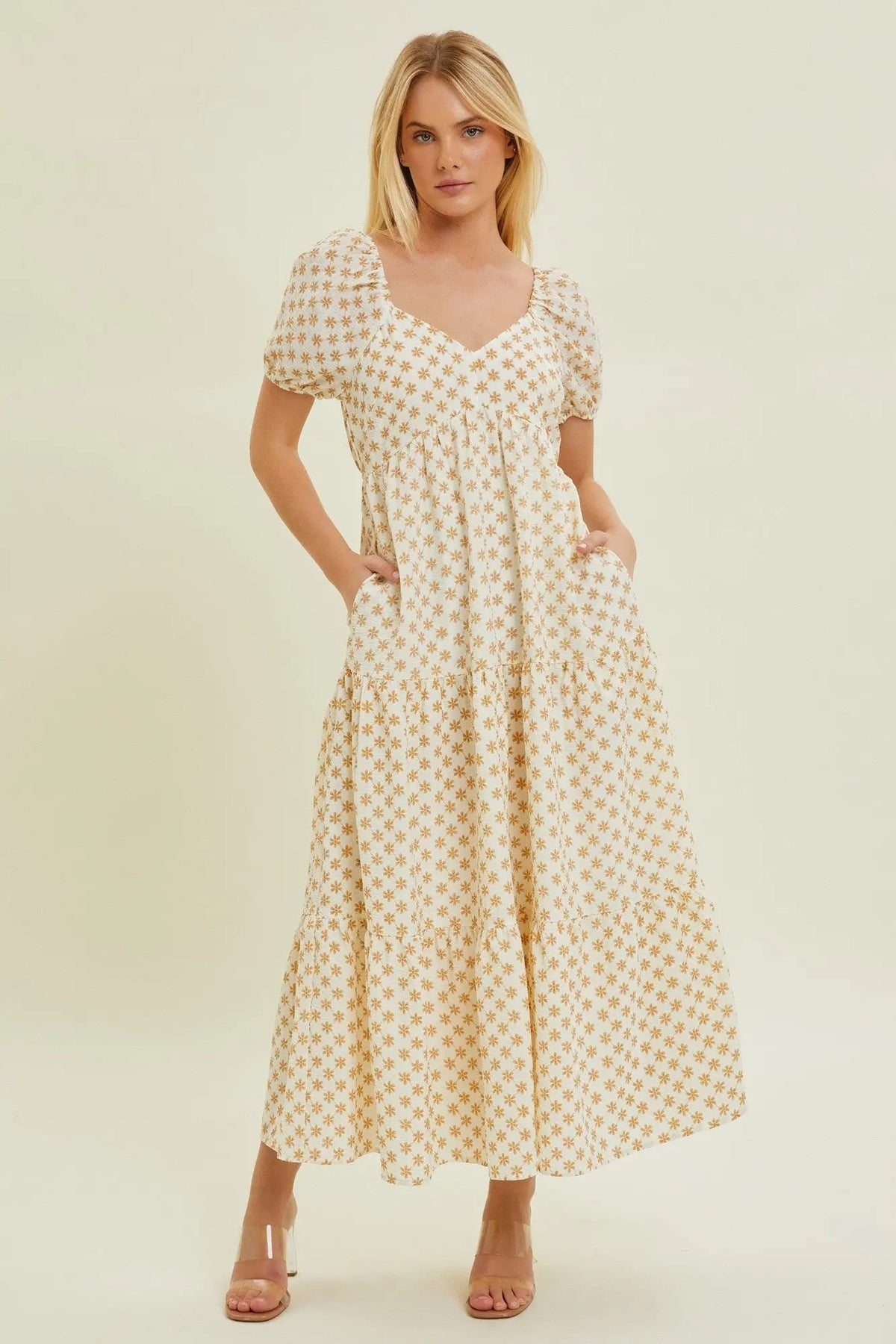 Yellow Floral Tiered Maxi Dress - Day Dress, One-piece garment, Fashion Model, Person, Dress | Everetts Place
