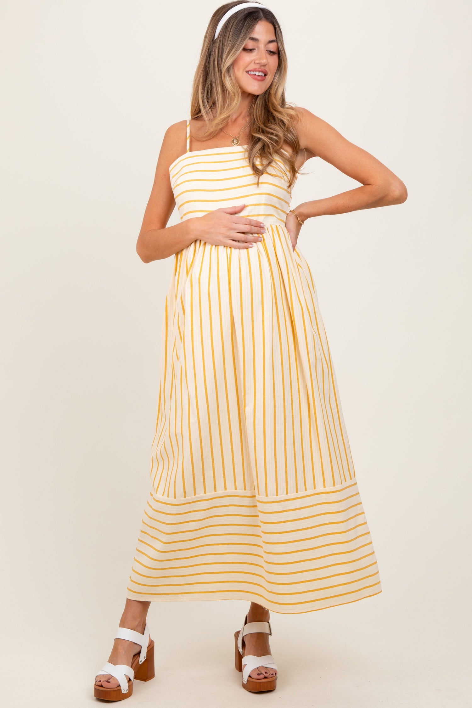 PinkBlush Yellow Striped Sleeveless Maternity Maxi Dress