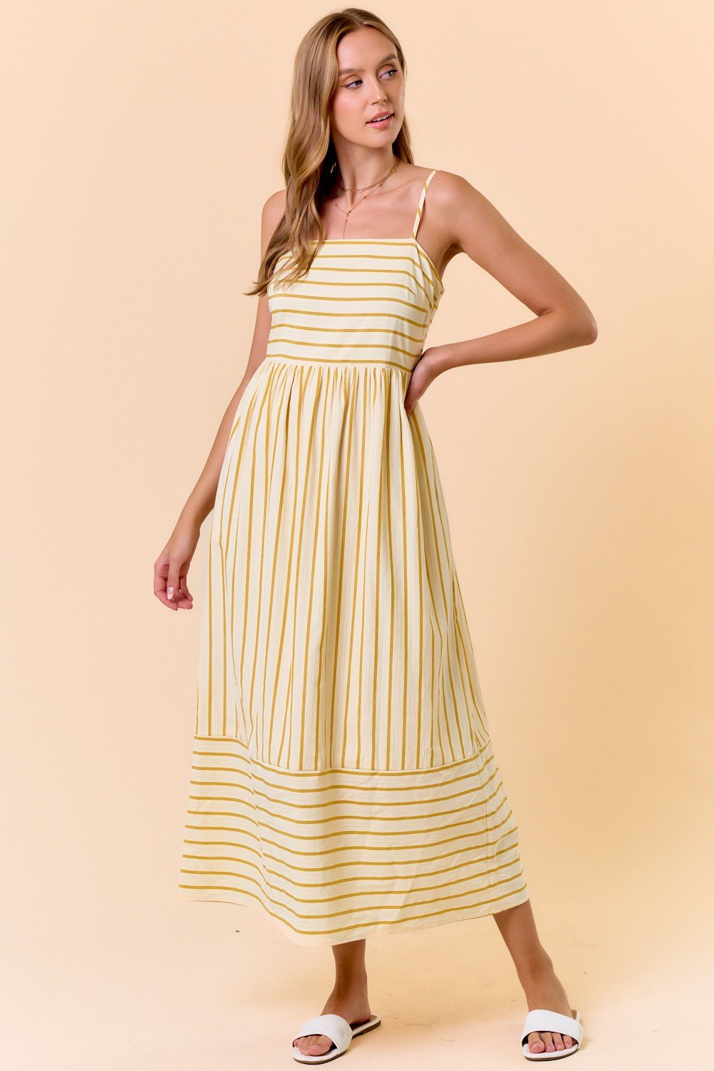 Yellow Striped Sleeveless Maxi Dress - Day Dress, One-piece garment, Person, Dress, Shoe | Everetts Place