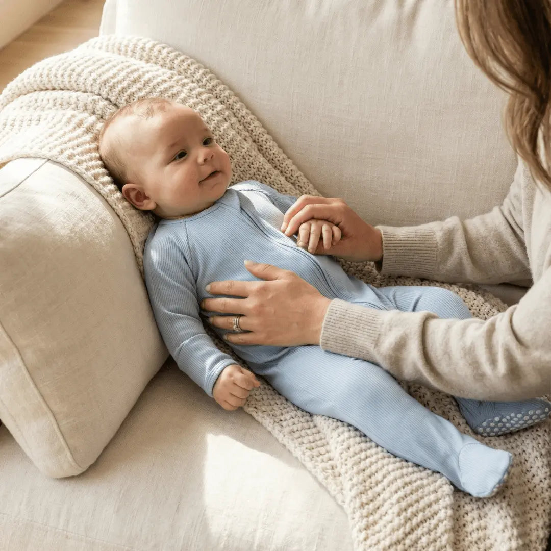 Zipper Footie Blue Fog Rib - Textile, Comfort, Child, Couch, Linens | Everetts Place