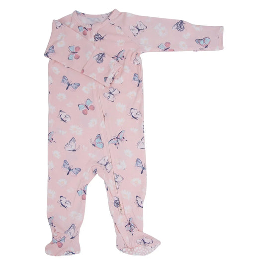 Pink Butterfly Daisy Bamboo Zipper Footie for Babies with Two Way Zip and Fold Over Cuffs Sweet Bamboo