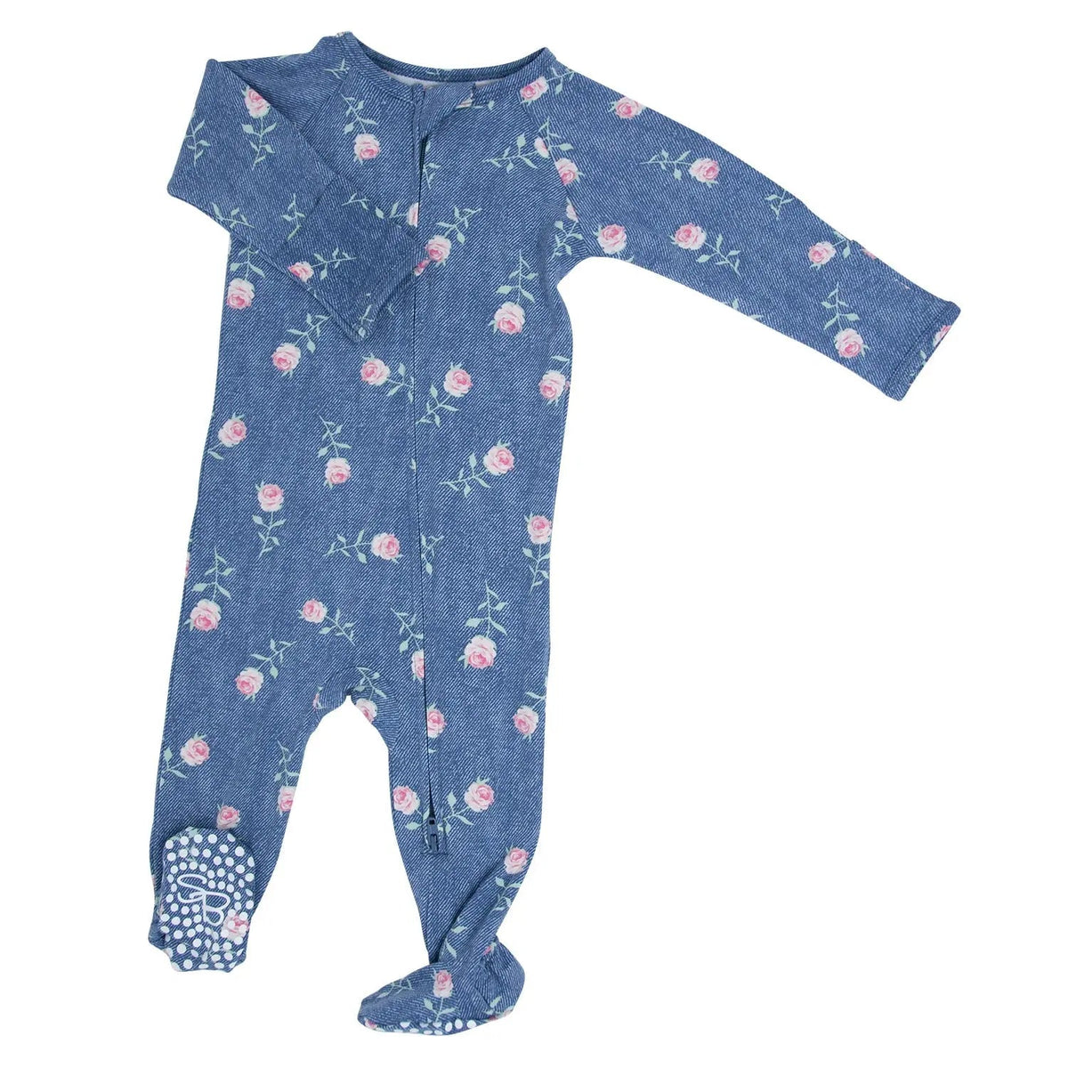 Sweet Bamboo Zipper Footie Denim Roses - 