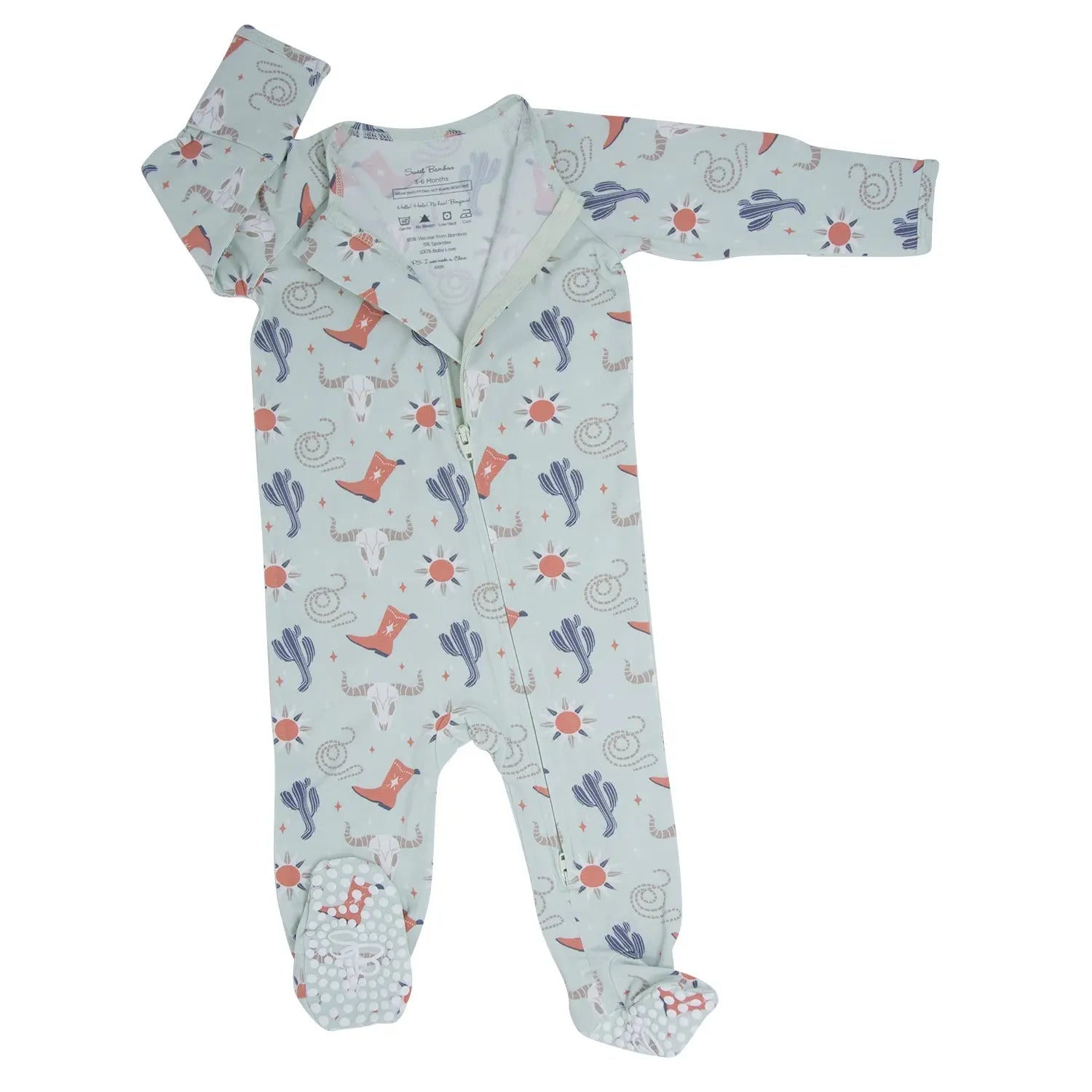 Sweet Bamboo Bulls Boots Lasso Western Zipper Footie with Silicone Grips for Babies - Apparel & Accessories > Clothing > Baby & Toddler Clothing > Baby & Toddler Sleepwear Footies