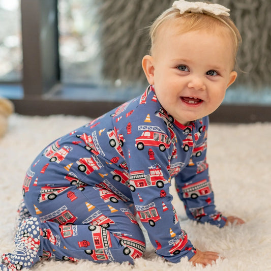 Blue Fire Truck Zipper Footie for Babies with Two Way Zip and Fold Over Cuffs Sweet Bamboo
