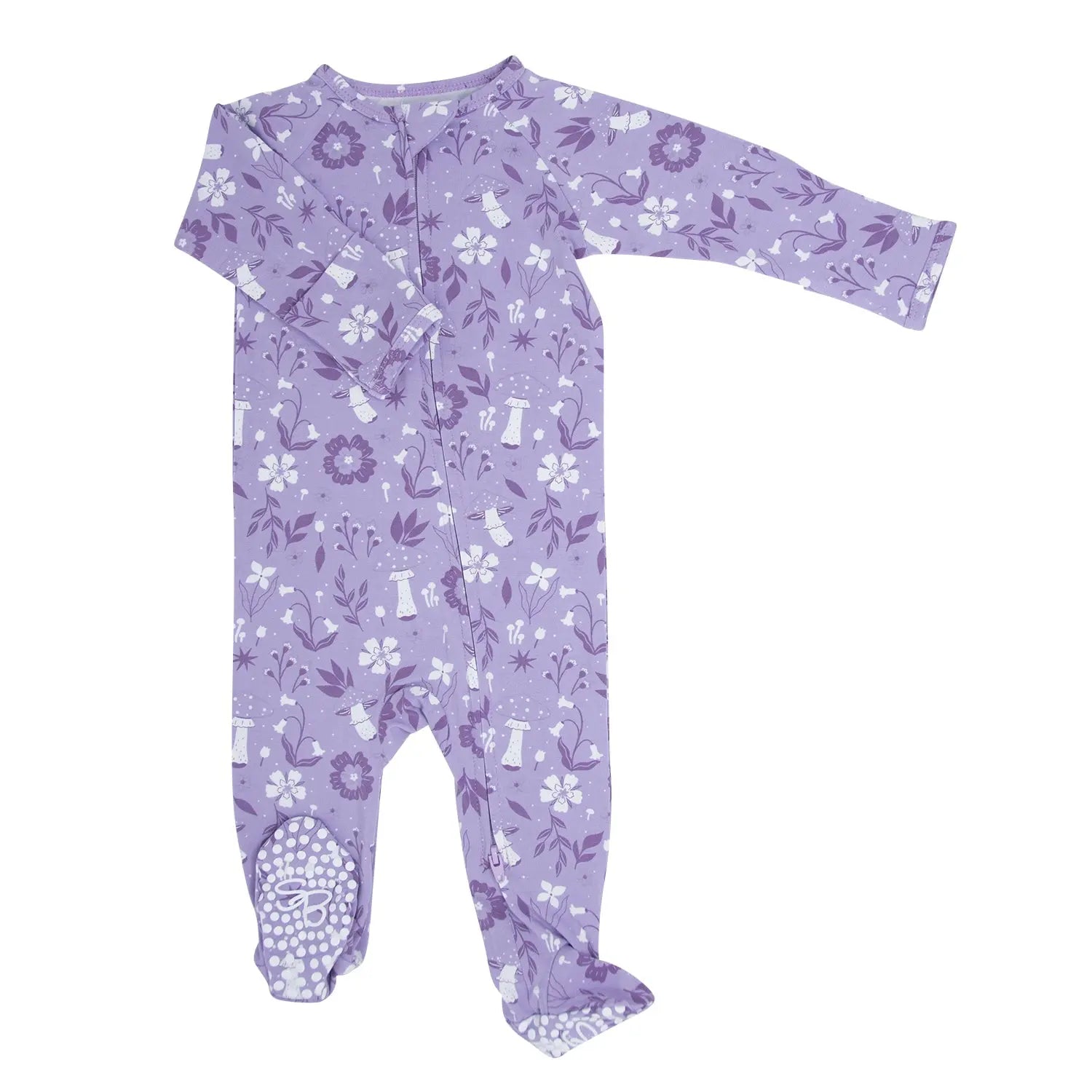 Mushroom Floral Zipper Footie for Babies with Two Way Zip and Fold Over Cuffs Sweet Bamboo