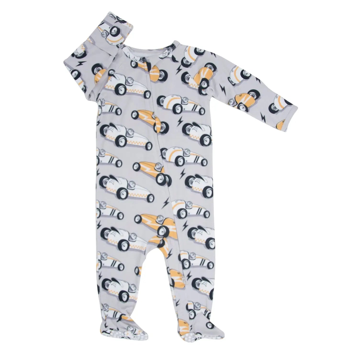 Vintage Racecars Baby Zipper Footie with Silicone Grips and Fold-Over Cuffs Sweet Bamboo