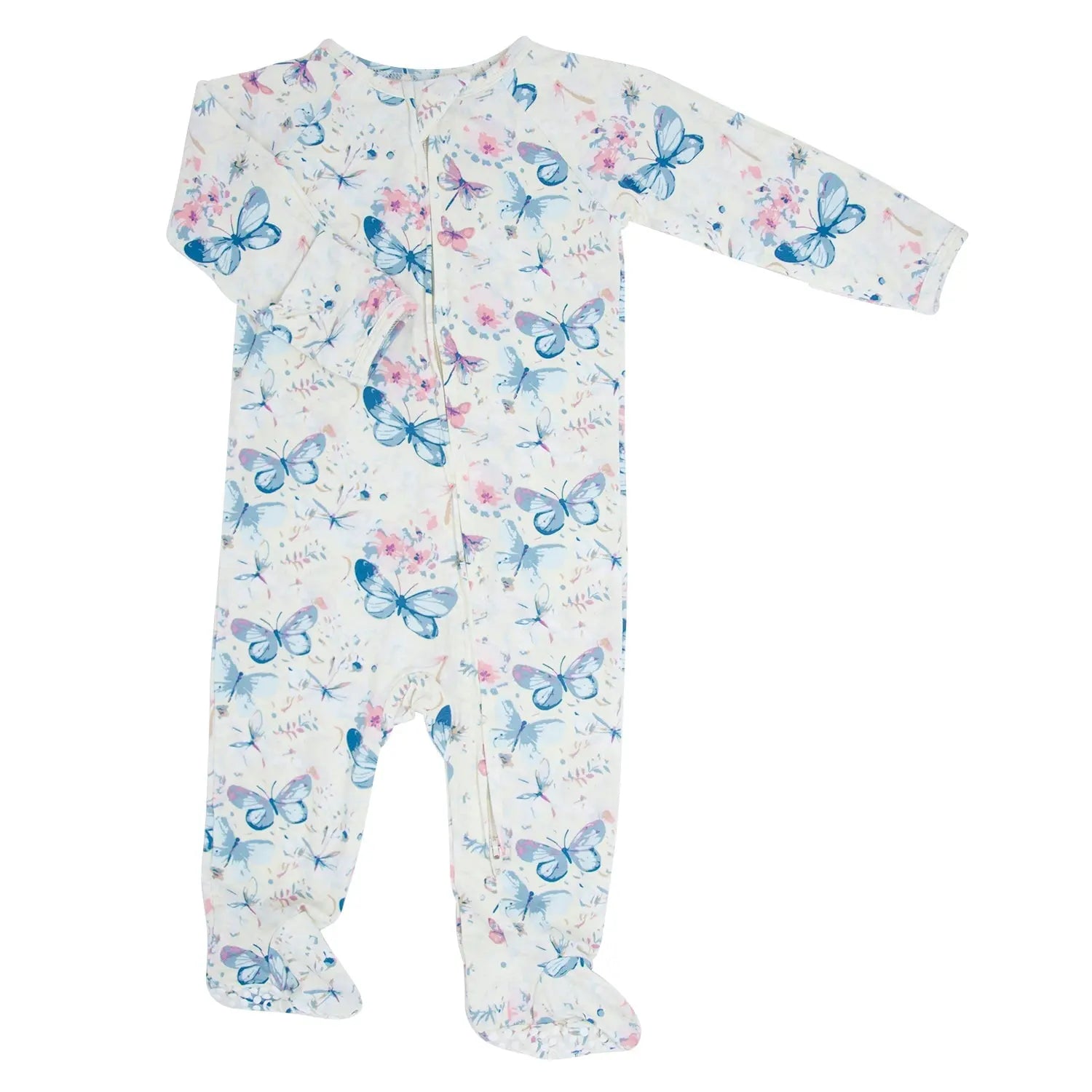 Watercolor Butterfly Zipper Footie With Two Way Zip And Fold Over Cuffs Sweet Bamboo