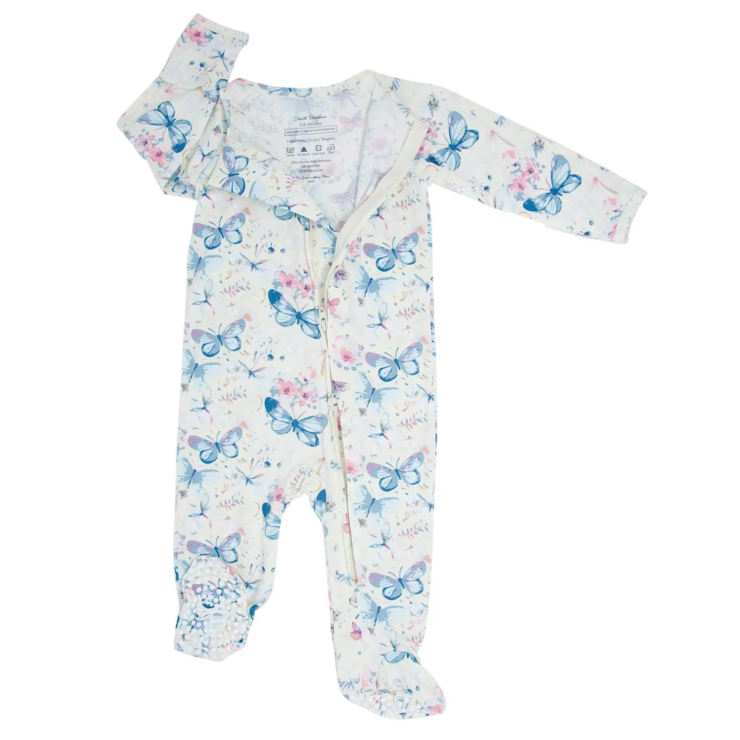 Watercolor Butterfly Zipper Footie With Two Way Zip And Fold Over Cuffs Sweet Bamboo