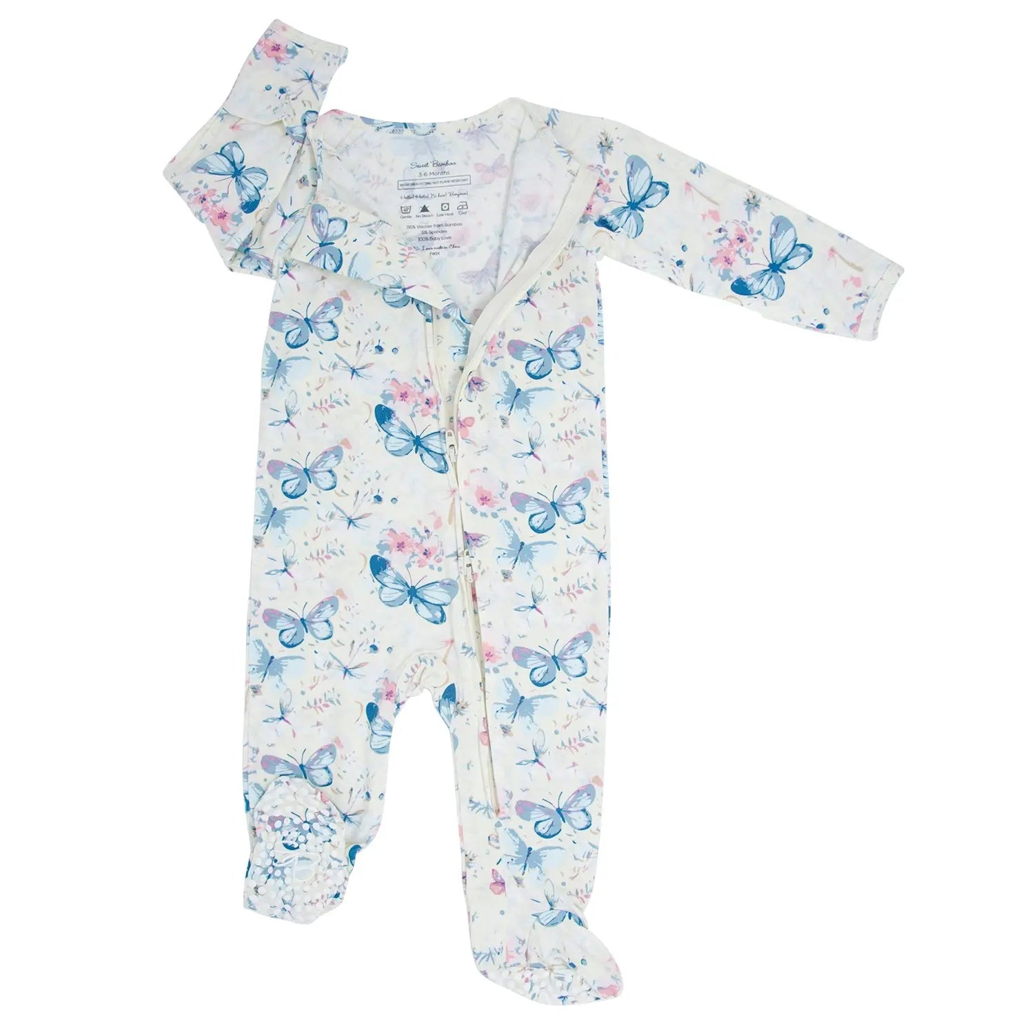 Watercolor Butterfly Zipper Footie With Two Way Zip And Fold Over Cuffs Sweet Bamboo