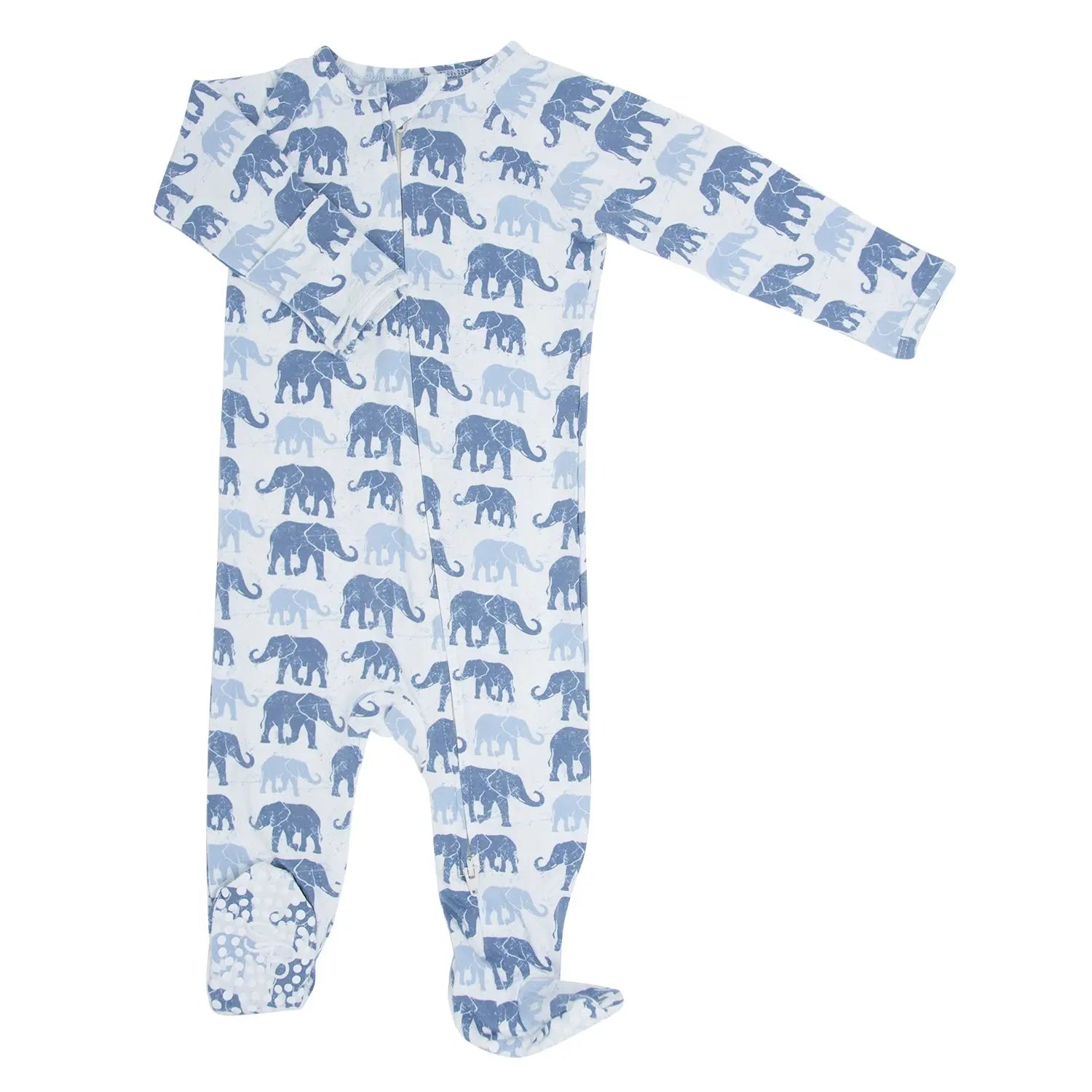 Blue Elephant Zipper Footie With Two Way Zip And Silicone Grips Sweet Bamboo